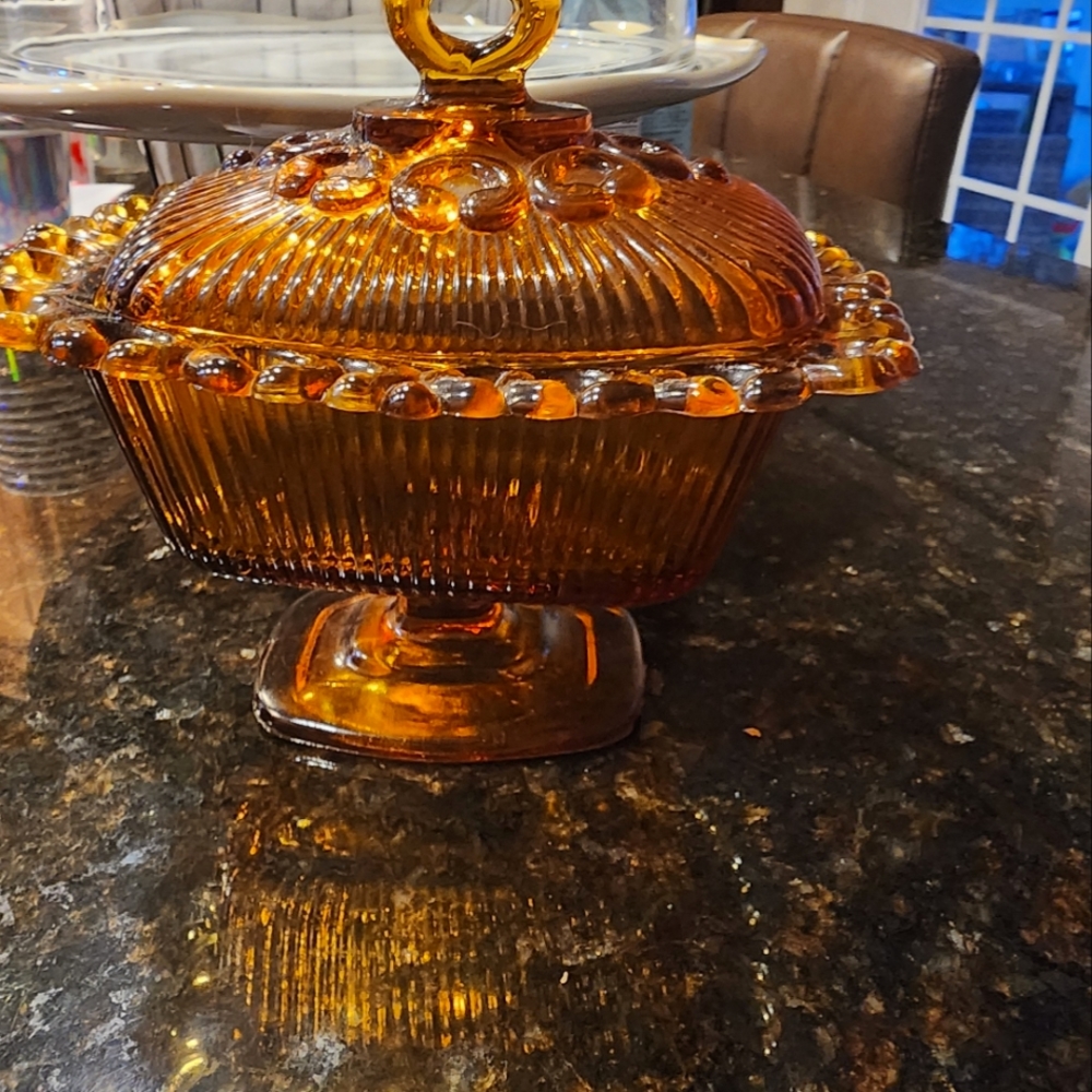 Vintage amber glass butter/candy dish with lid